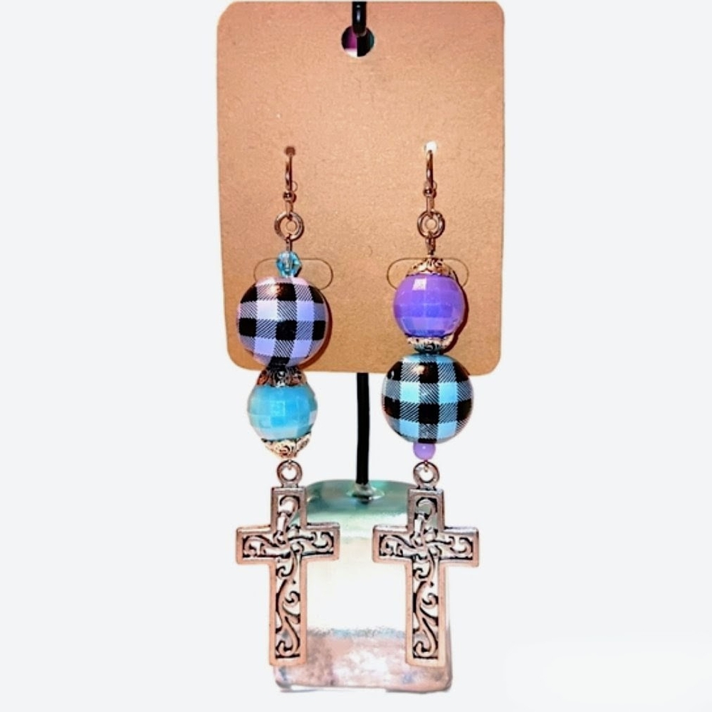 HANDMADE Purple & Blue Plaid Beaded Filigree Cross Charm Dangle / Drop Earrings
